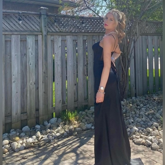 Black Satin & Mesh Corset Prom Dress - Picture 2 of 7